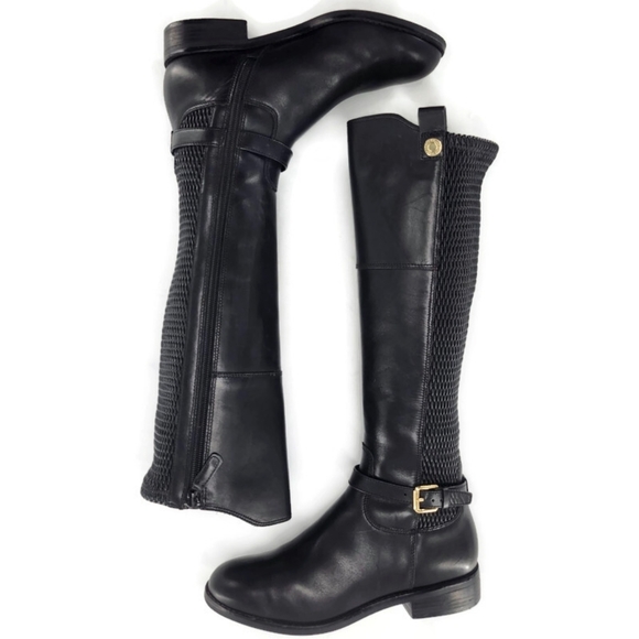Cole Haan Galina Grand Black Leather Rouched Stretch Panel Tall Riding Boots - Picture 10 of 16